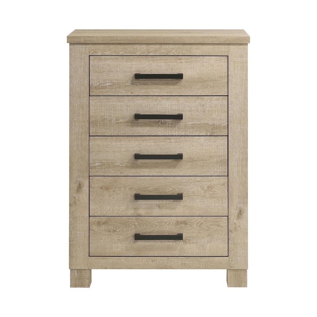 5 Drawer Wooden Chest with Dark Bronze Handles in Weathered Oak