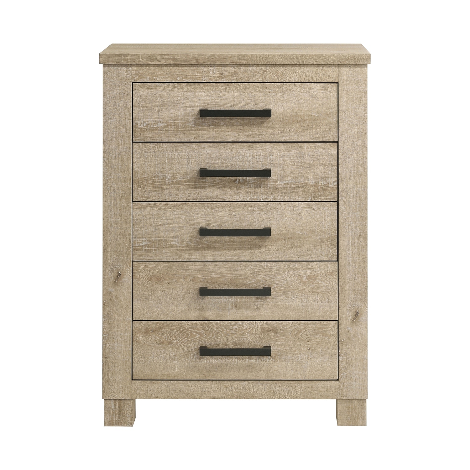 5 Drawer Wooden Chest with Dark Bronze Handles in Weathered Oak