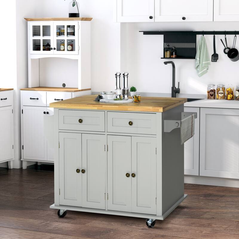 Rolling Cart with Rubberwood Top, Kitchen Island on Wheels with Spice Rack, Towel Rack and Drawers for Dining Room