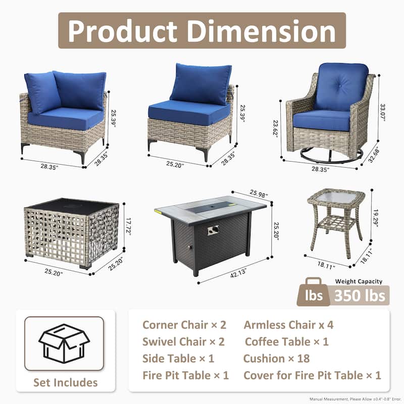 OVIOS 11 Pieces Outdoor Wicker Swivel Chair Set With Solar-Powered Coffee Table&Fire Pit