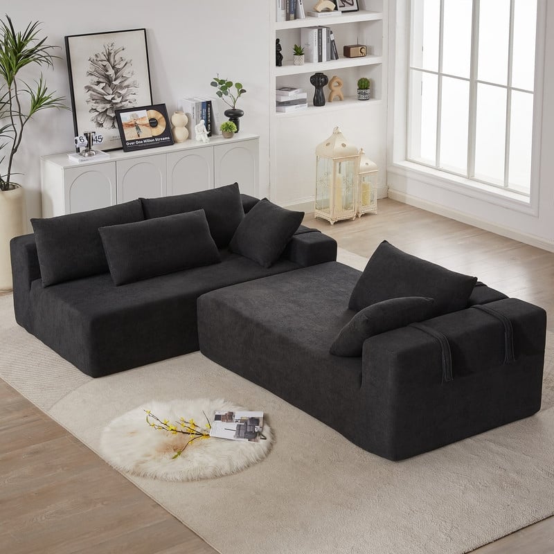 Upholstered 108" L with 6 Pillows Left Chaise Sectional Sofa - Black Chenille