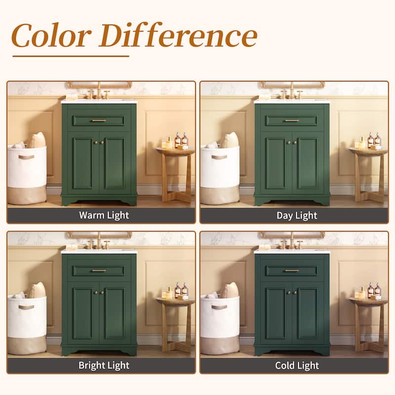 24 Inch Bathroom Vanity with Integrated Ceramic Sink, Freestanding Cabinet with Tip-Out Drawer, Small Space Vanity