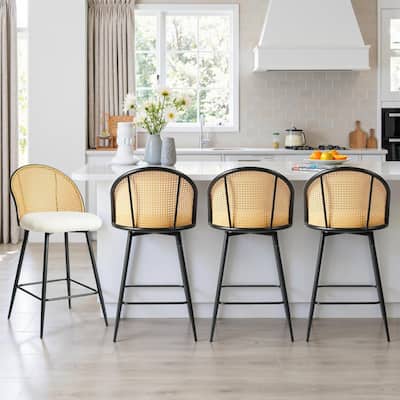 Bar Stools 26" Height Counter Stool, Fleece Barstools with Rattan Back & Metal Legs, Beige,Set of 4