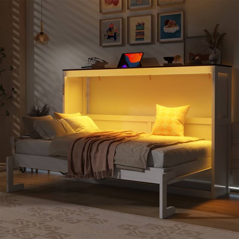 Twin Size Murphy Bed with LED Light, can be Folded into a Cabinet, Solid Wood Murphy Cabinet Bed,Space Saving Design