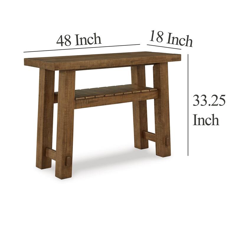 Ack Sofa Console Table, Slatted Shelf, Block legs, 48 Inch Brown Wood