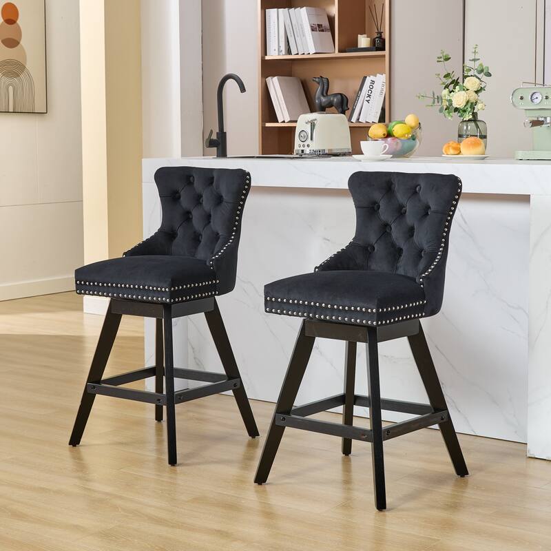 Swivel Bar Stools Set of 2, Velvet Counter Height Barstools with Wooden Legs, Kitchen Island Chairs with Button Backrest