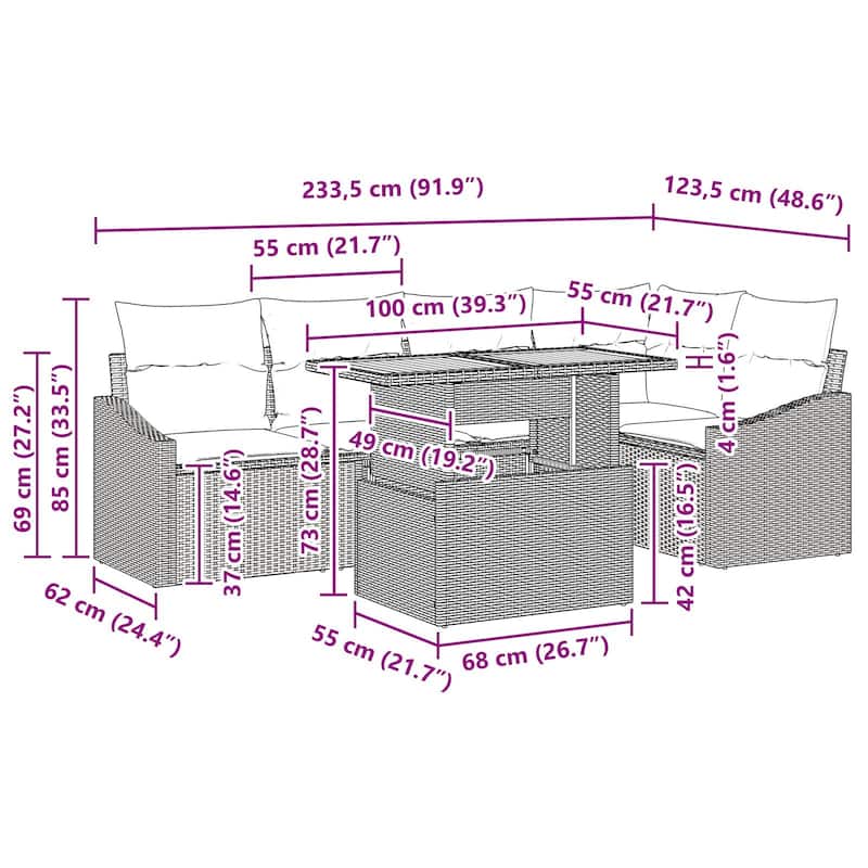 vidaXL 6 Garden Sofa Set with Cushions Black/Grey Poly Rattan - 92.1 x 48.6 x 27.2