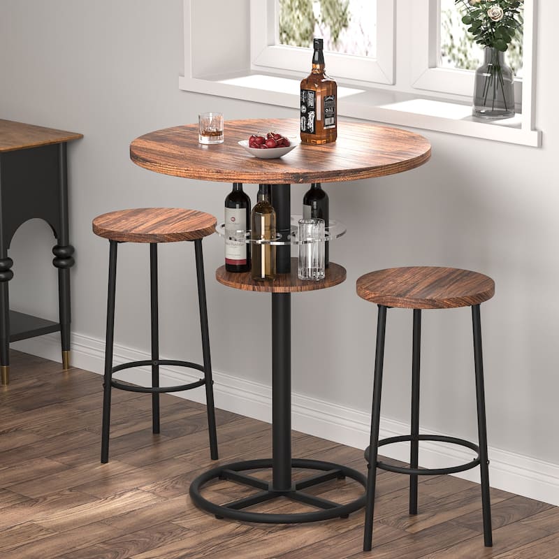 VECELO 23.6" Round Bar Table with Built-In Wine Rack 0.5 Inch MDF Top Waterproof Wear-Resistant for Home Game Nights