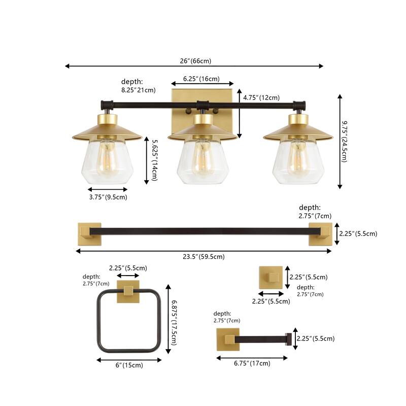 Ellis 26" 3-Light Farmhouse Cottage Vanity Light with Bathroom Hardware Accessory Set, (5-Piece) by JONATHAN Y