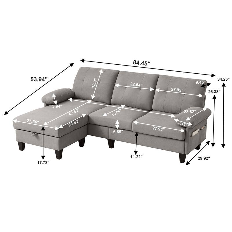 84.45" Wide Sectional Sofa with Ottoman & Side Storage Bags