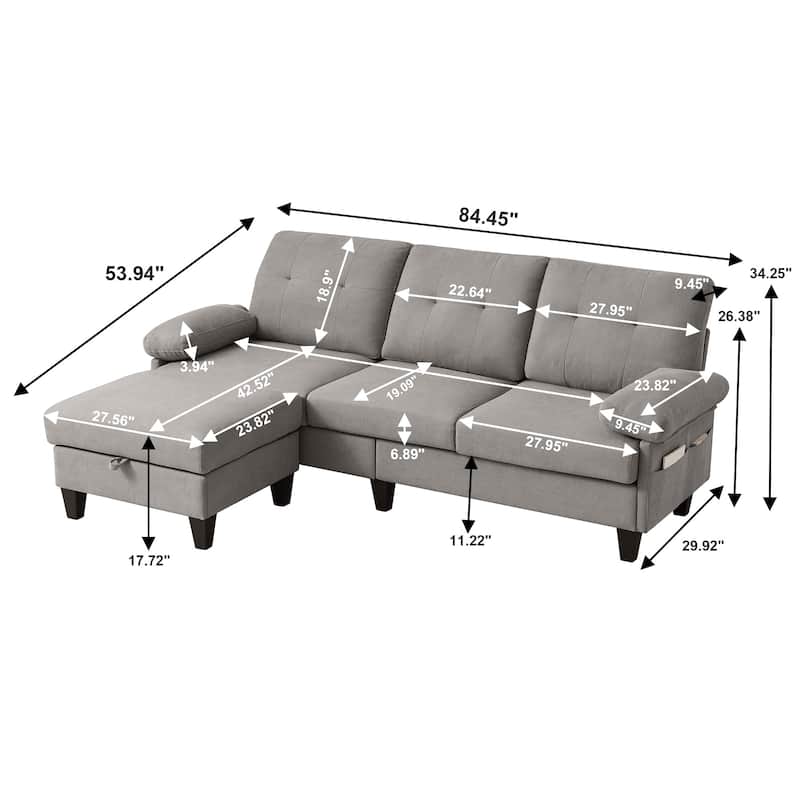86.22" L Shaped Sectional Sofa with Side Storage Pockets