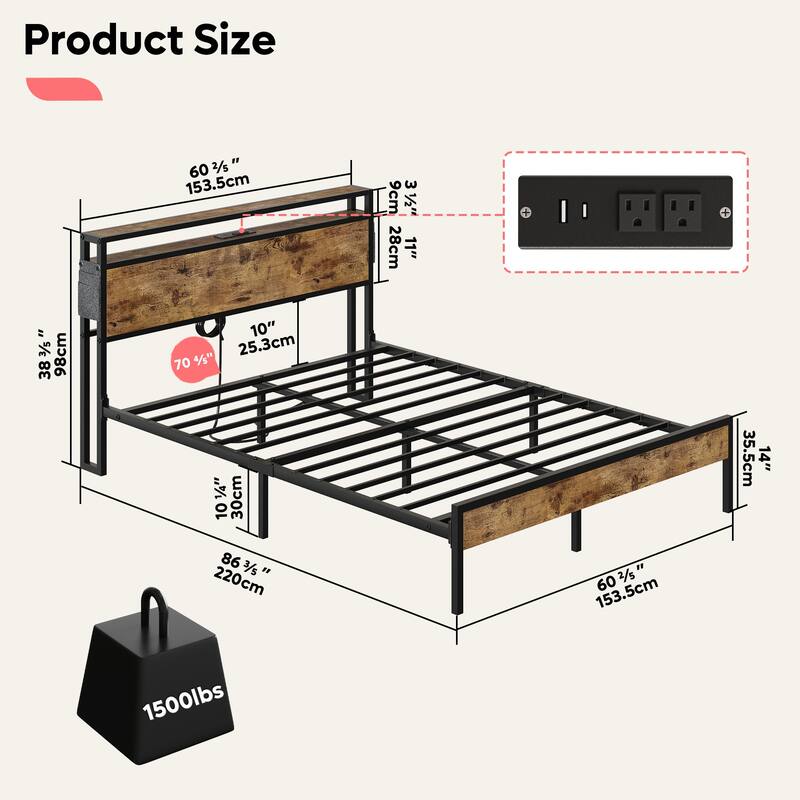 Metal Bed Frame Platform Bed with Storage Headboard LED Lights and Charging Station