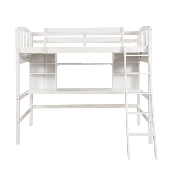 slide 2 of 9, Twin Size Loft Bed with Shelves, Desk and Ladder, Solid Wood LoftBed Frames for Kids Teens Adults, No Box Spring Needed, White White - Twin