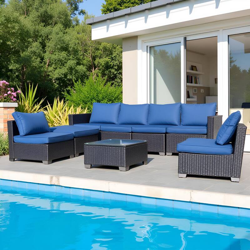 7-Piece Modular Outdoor Rattan Sofa Set, Modern Rattan Sectional with Cushions and Tempered Glass Table