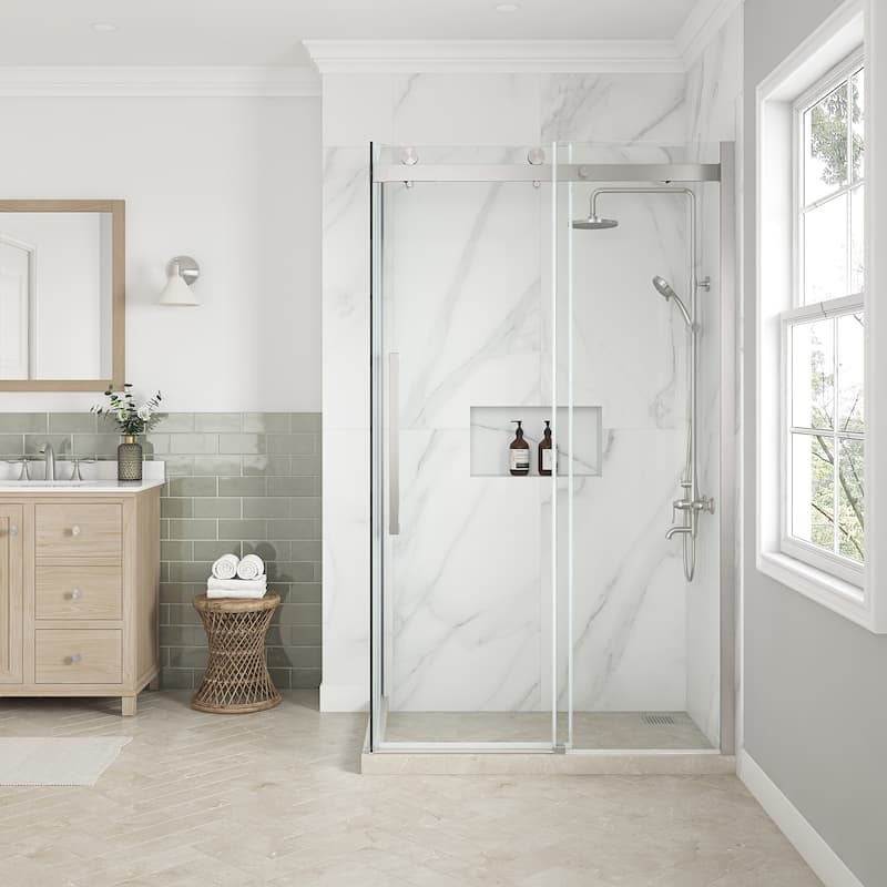 Bel Soft-Close Frameless Sliding Soft Close Shower Door - 48" - Satin Nickel