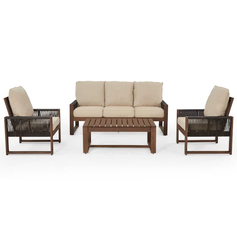 Outdoor 4-Piece Sofa Set with Coffee Table, PE Wicker & Cedar Wood Patio Furniture, Garden Conversation Set with Thick Cushions
