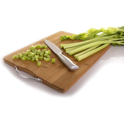 Reversible Organic Bamboo Cutting board, Cheese Board, Serving Tray, Large, With Stainless Steel Handle