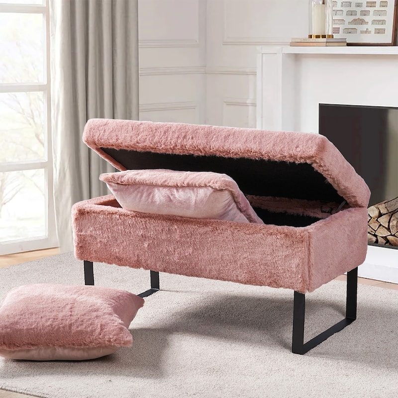 Heavy FauxFur Storage Ottoman with 2 Pillow Set - Rose Smoke