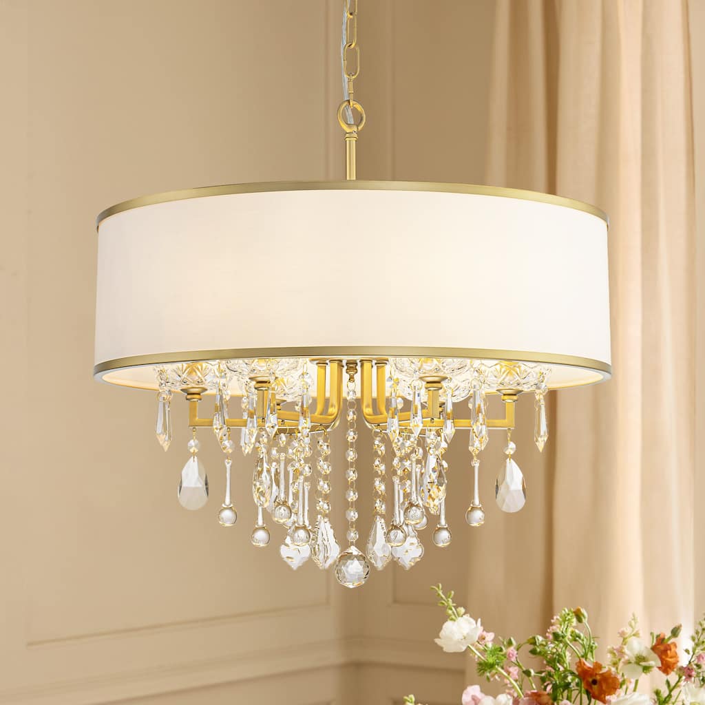 6-Light Modern Elegant Gold Drum Fabric Shade Adjustable Height with Crystal Accent Chandelier for Dining Room & Bedroom