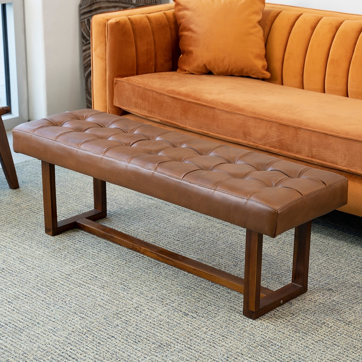 Sonia Mid-Century Tufted Rectangular Genuine Leather Bench in Tan