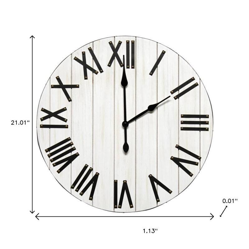 HomeRoots 21" White And Black Rustic Wood Silent Analog Round Wall Clock - 21.01 in. x 21.01 in. x 1.13 in.