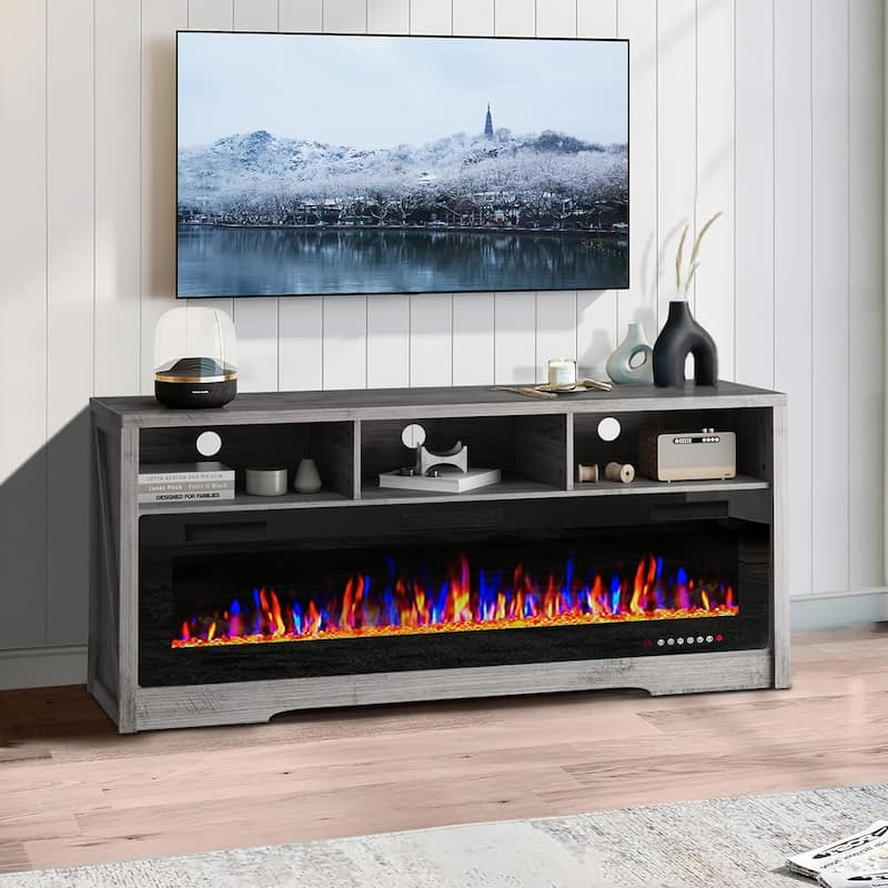 BOSSIN Fireplace 65" TV Stand for TVs Up to 75" TV with 60" Electric Fireplace,Entertainment Center with Open Shelve Storage