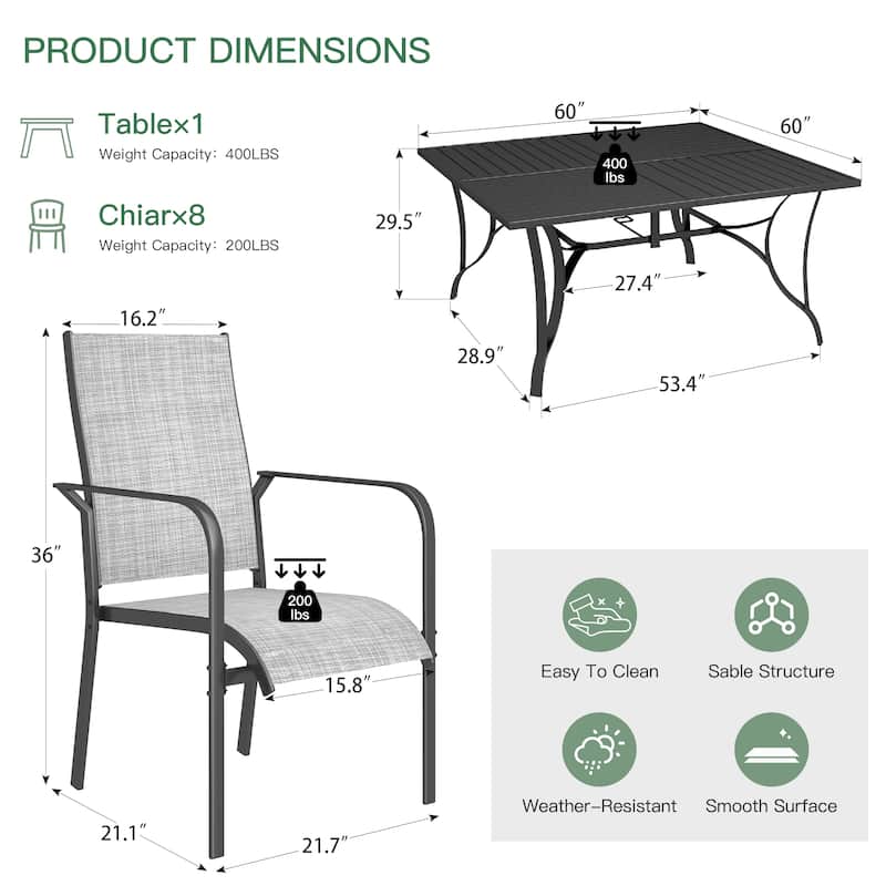 5/7/9-Piece Outdoor Patio Dining Set with Stackable Textilene Chairs and Slatted Table, Furniture with Adjustable Umbrella Hole