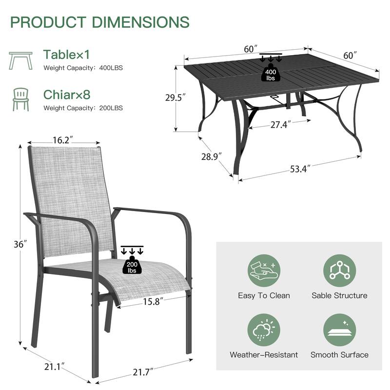 Patio Dining Set, Outdoor Dining Table and Chairs Set with Textilene Chairs, Adjustable Umbrella Hole for Garden, Backyard