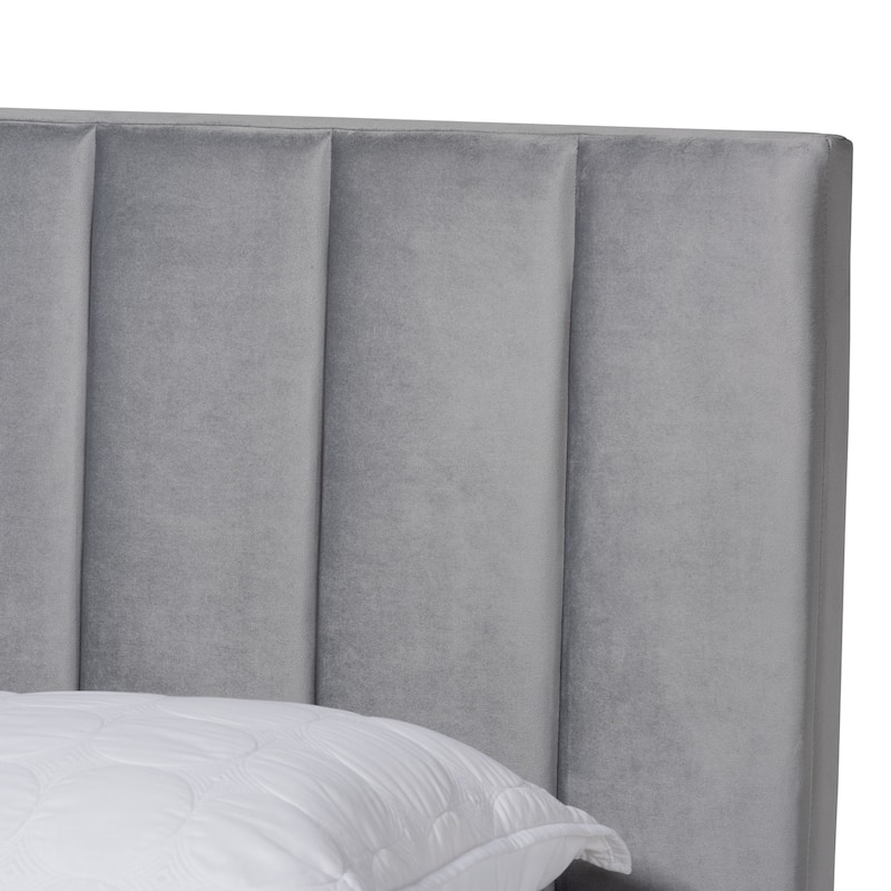 Grey Velvet Queen Panel Bed with Channel Tufted Headboard and Modern Glam Style