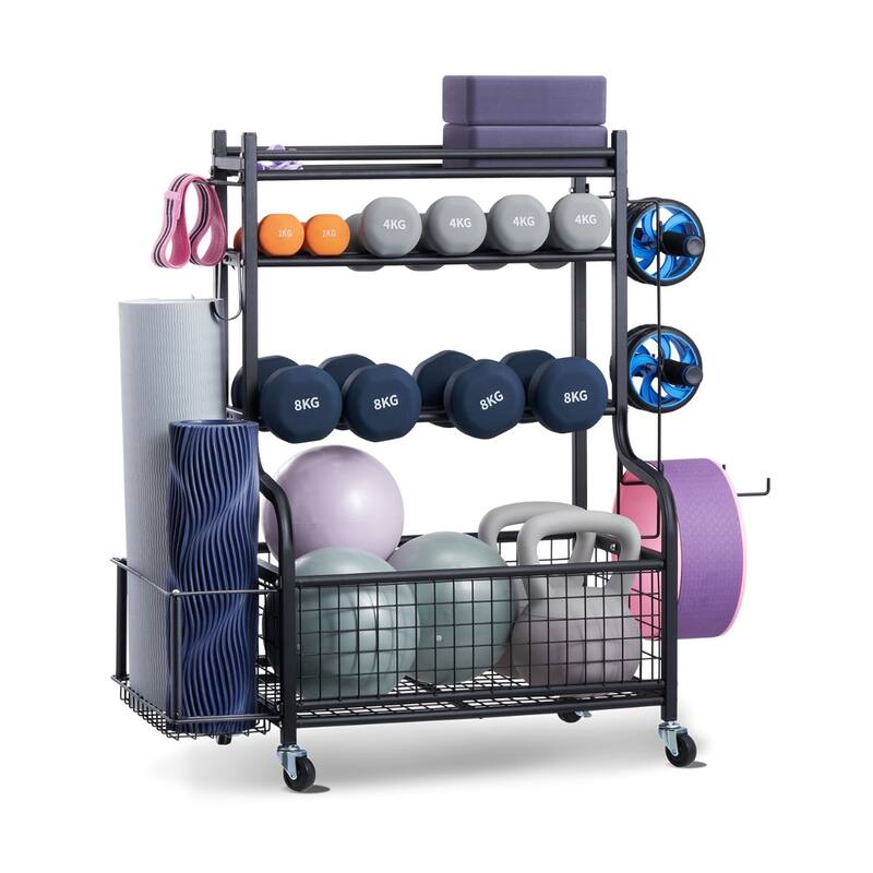 Black Steel Gym Rack with Wheels, Hooks and 4-Tier Storage Shelf - 40.6” L x 16” W x 38” H