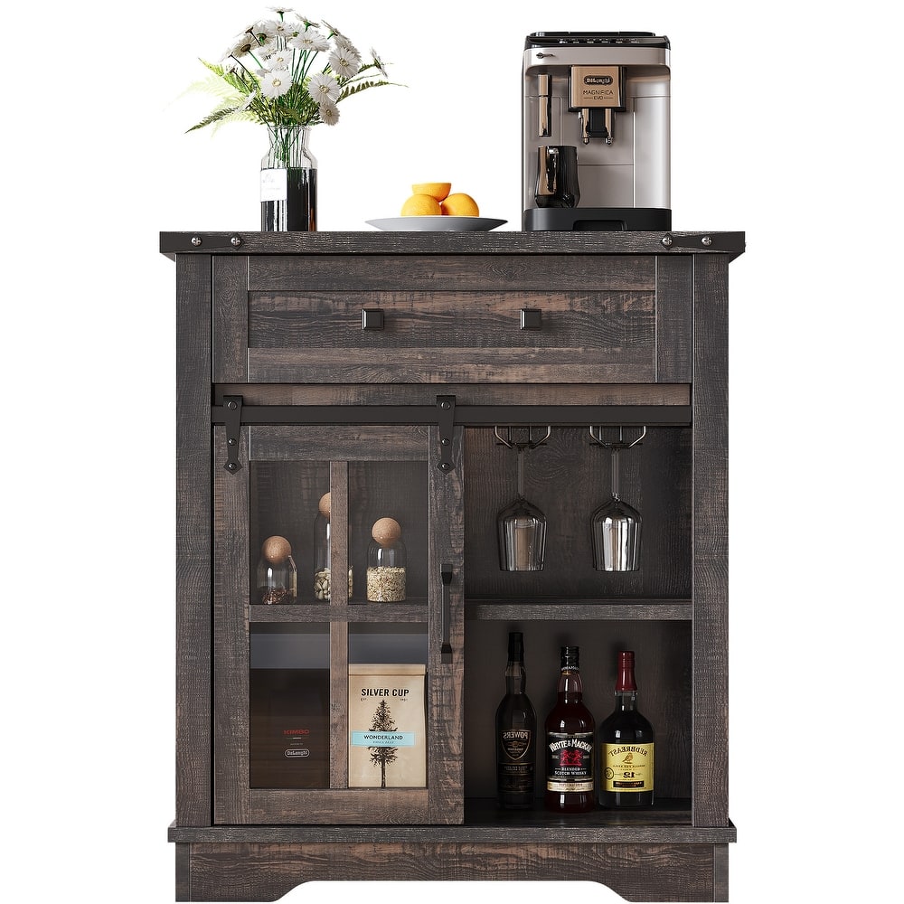 Moasis Farmhouse Coffee Bar Cabinet with Sliding Barn Door and Wine Glass Holder