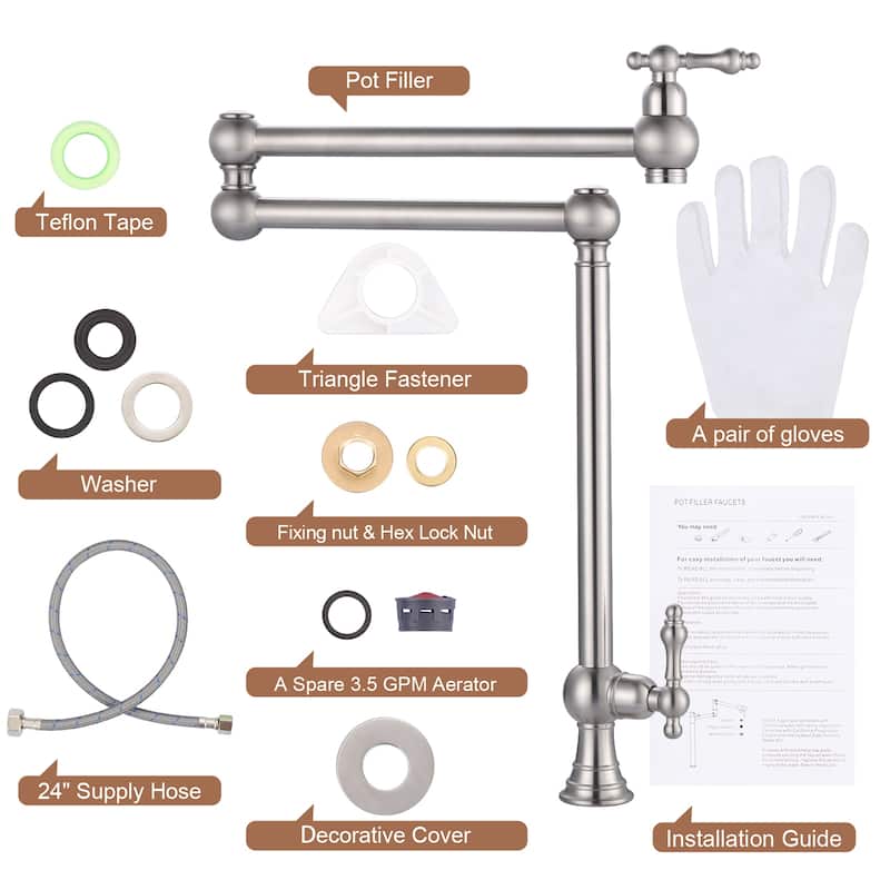 WOWOW 2-Handle Deck Mount Pot Filler Kitchen Faucet with Dual Swing Joints Design