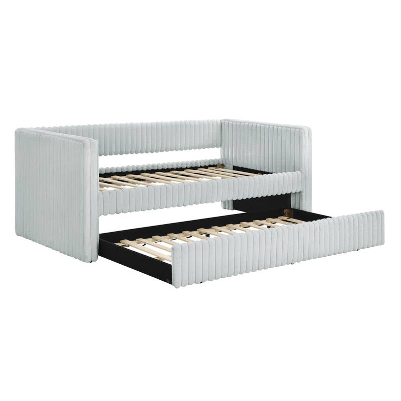 Twin Upholstered Daybed with Pull-Out Trundle, Modern Striped Corduroy Fabric Sofa Bed with Armrests, Space-Saving Sleeper
