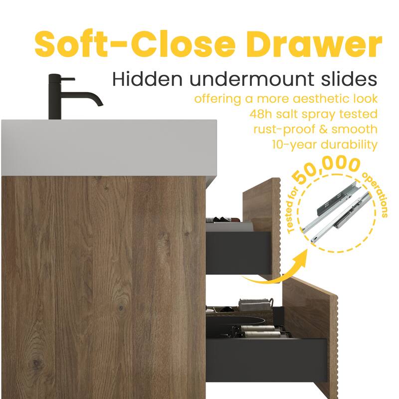 GDFStudio - Grace Wall-Mounted Bathroom Vanity with Engineered Quartz Sink & Soft Close Drawers, without Drainage and Faucet