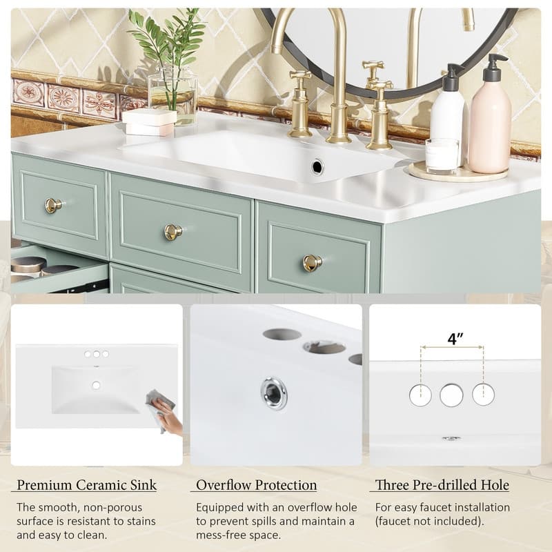 36" Wood Vanity with Ceramic Sink, Soft-Close Doors, Shelves, and Deep Drawers for Storage.