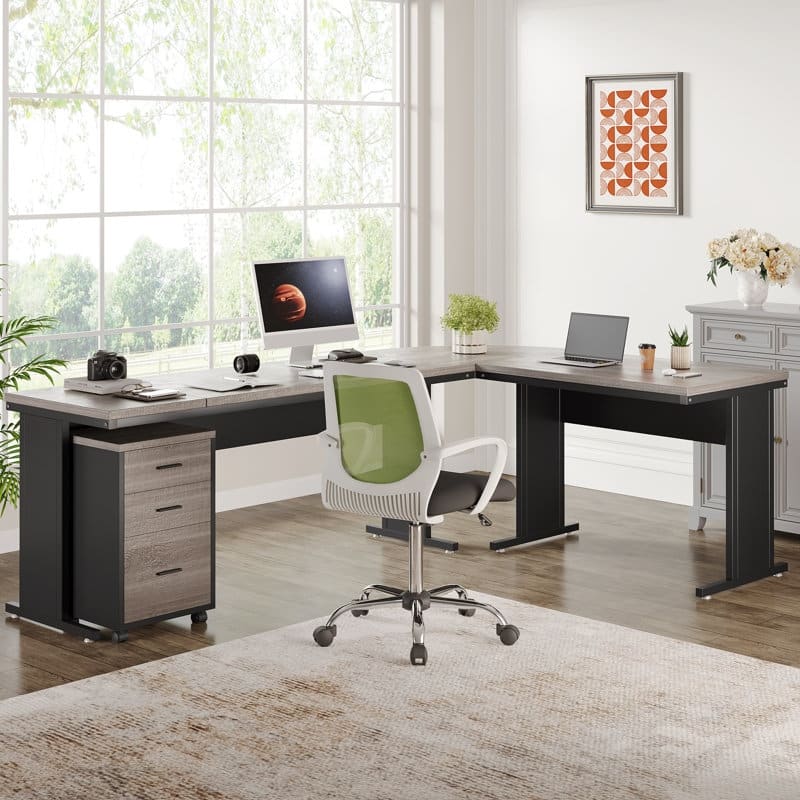 83" L-Shaped Executive Desk, Large L Office Desk with 3-Drawer Mobile File Cabinet, Business Furniture Desk Workstation