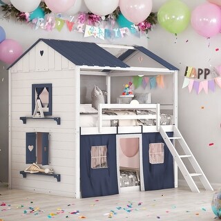 Full Size House Kids Bunk Bed with Windows Sills and Tent, Blue+White