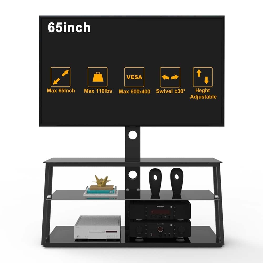 Black Multi-Function Angle And Height Adjustable Tempered Glass TV Stand fit 32"-65"TVs