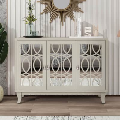 3-Door Mirrored Buffet Cabinet with Glass Doors and Silver Handles Buffet/Sideboard