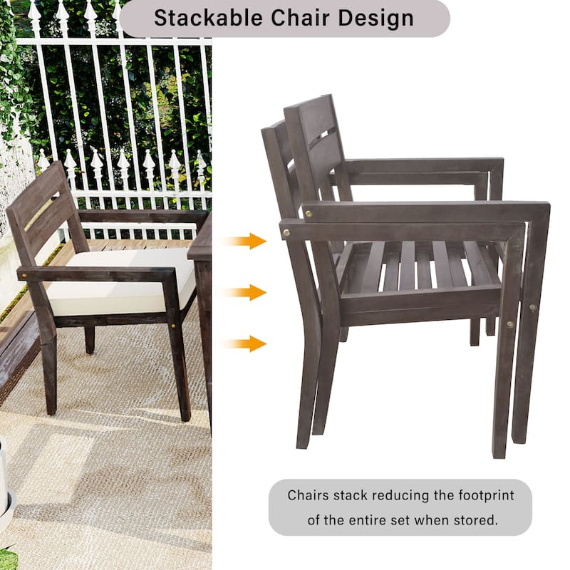 7 Pieces Acacia Wood Outdoor Dining Set with Cushions,Modern 6 Chairs and 1 Large Table, Dining Furniture Set