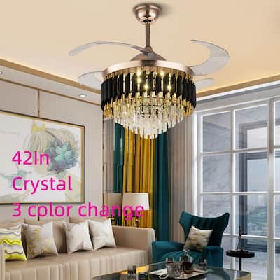 42 Inch 4-Blade Glam Crystal Polished Gold Retractable Ceiling Fan - 42"