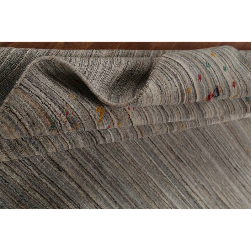 Striped Gabbeh Square Rug Hand-Knotted Gray Wool Carpet - 7'11"x 7'11"