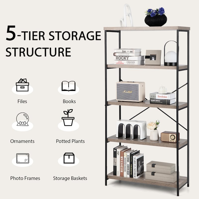 5 Tier Bookcase Industrial Wood Bookshelf Accent Display Rack