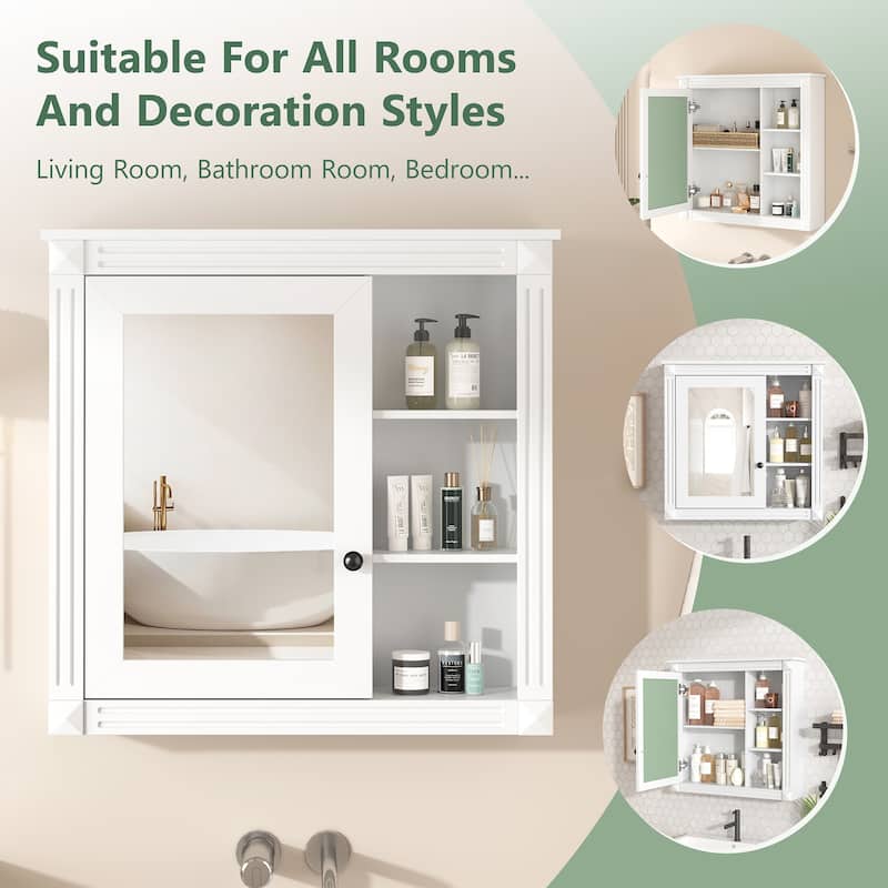 White Wall Mounted Bathroom Cabinet with Mirror, Soft-Close Hinges, Over-the-Toilet Storage Organizer