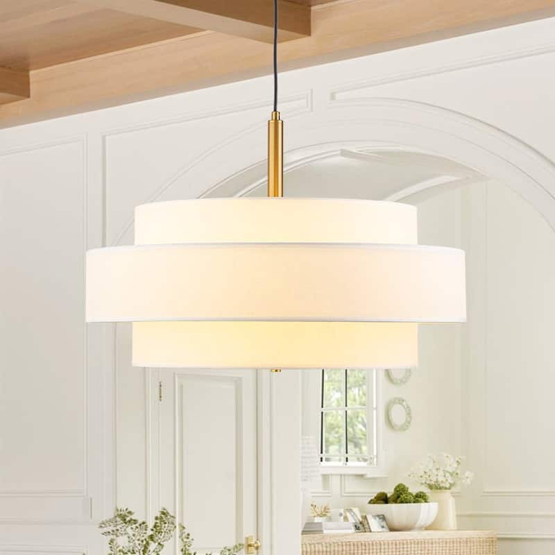 Linen Fabric Tiered Drum 3-Light Hanging Coastal Pendant - 23.6 in - Brass