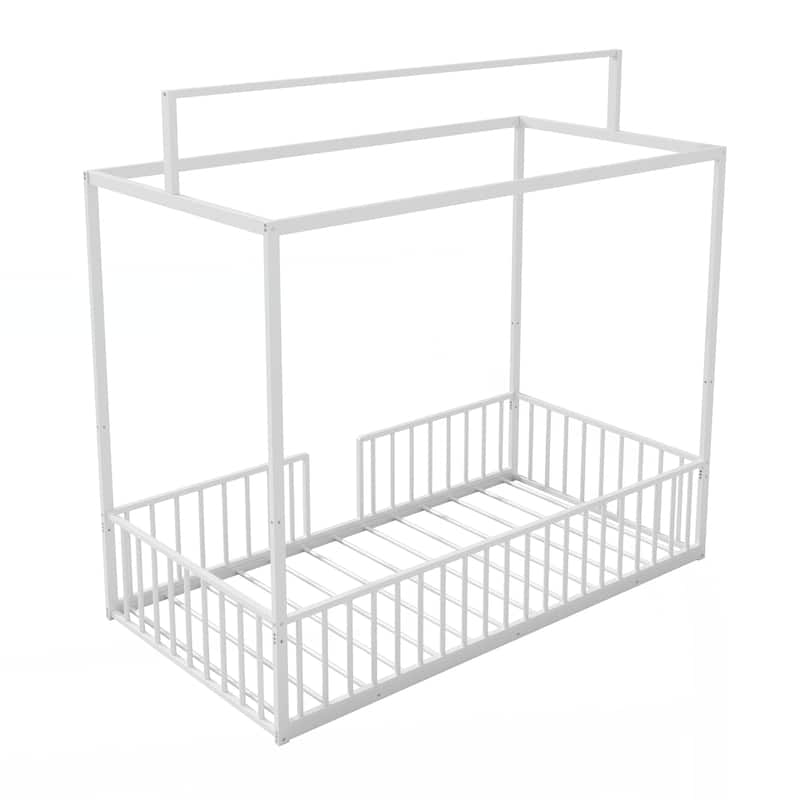 3-in-1 Convertible Montessori Metal floor bed,Fenced toddler bed with Sturdy Metal Slats Support