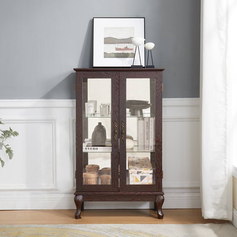 Lighted Display Cabinet with 2 Tempered Glass Doors and Adjustable Shelves