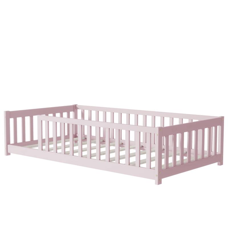 Twin Size Floor Bed with Fence without Door, Rubber Wood Floor Bed with Safety Guardrails
