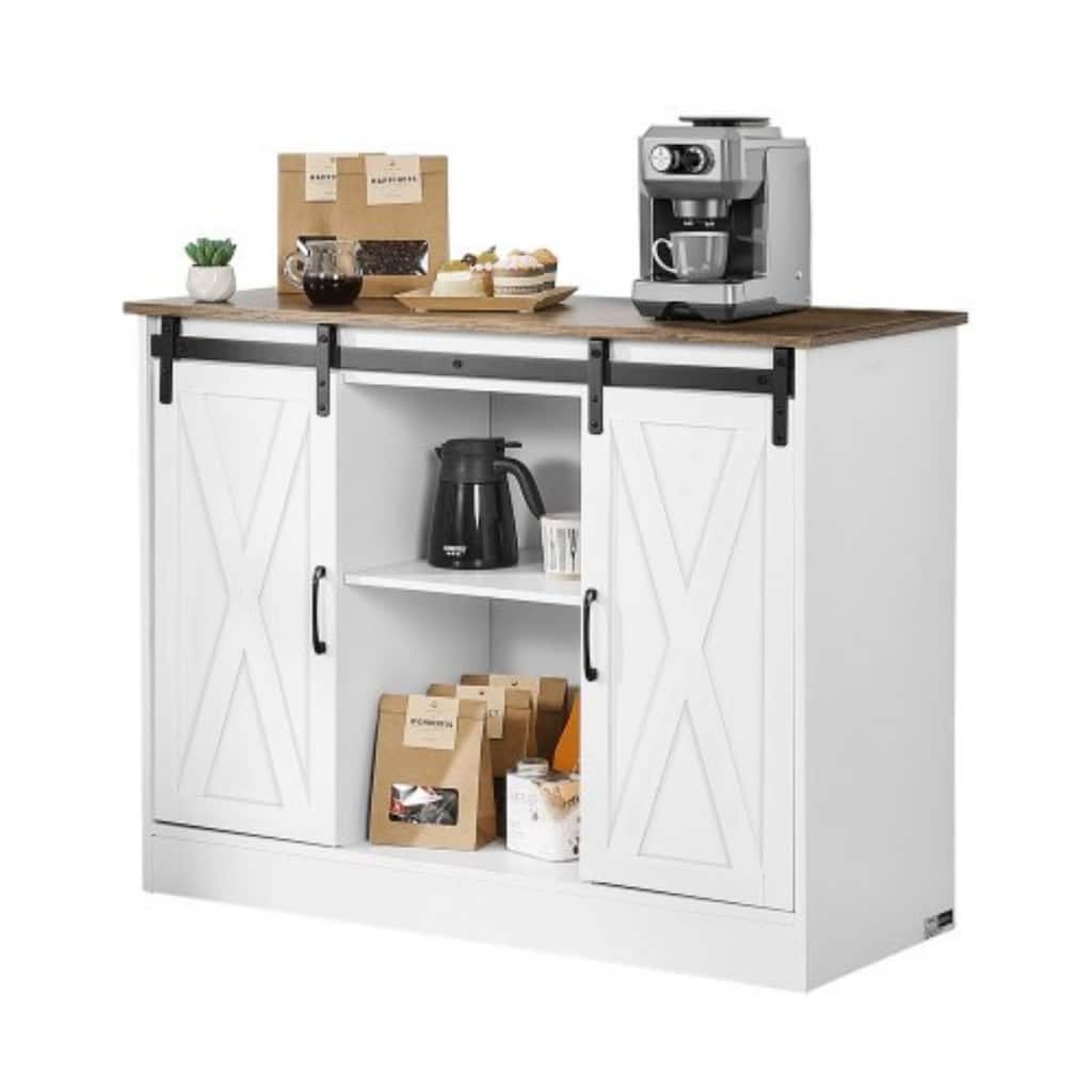 3-Tier Particle Board Coffee Bar Cabinet with Adjustable Storage Shelves and 2 Barn Doors - 41.8 x 15.8 x 32.1 in