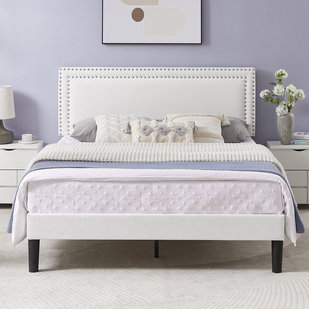 VECELO Upholstered Bed Frames with Height Adjustable Headboard